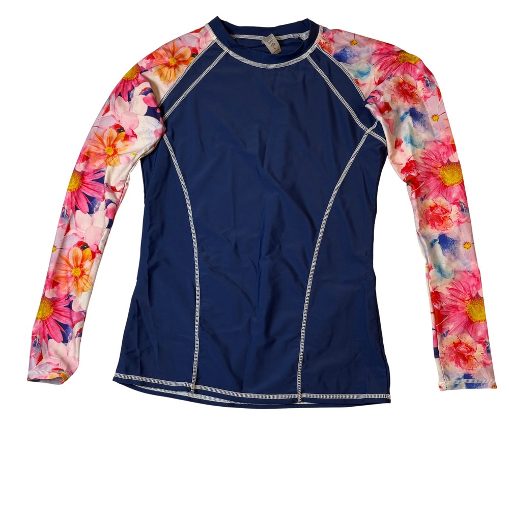 Womens Floral Long Sleeve Rash Guard Swim Top Navy Blue Pink Orange Large